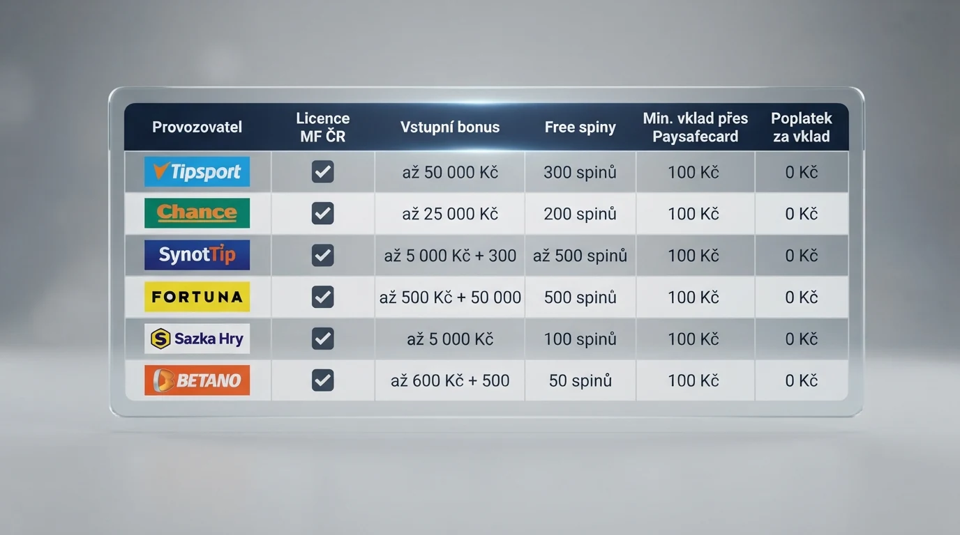 Přehledová tabulka českých kasin s licencí, bonusem a poplatkem za vklad