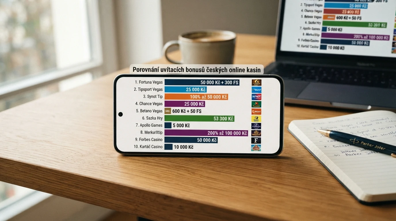 Přehledová grafika s logy deseti českých online casin a klíčovými čísly jejich bonusových nabídek