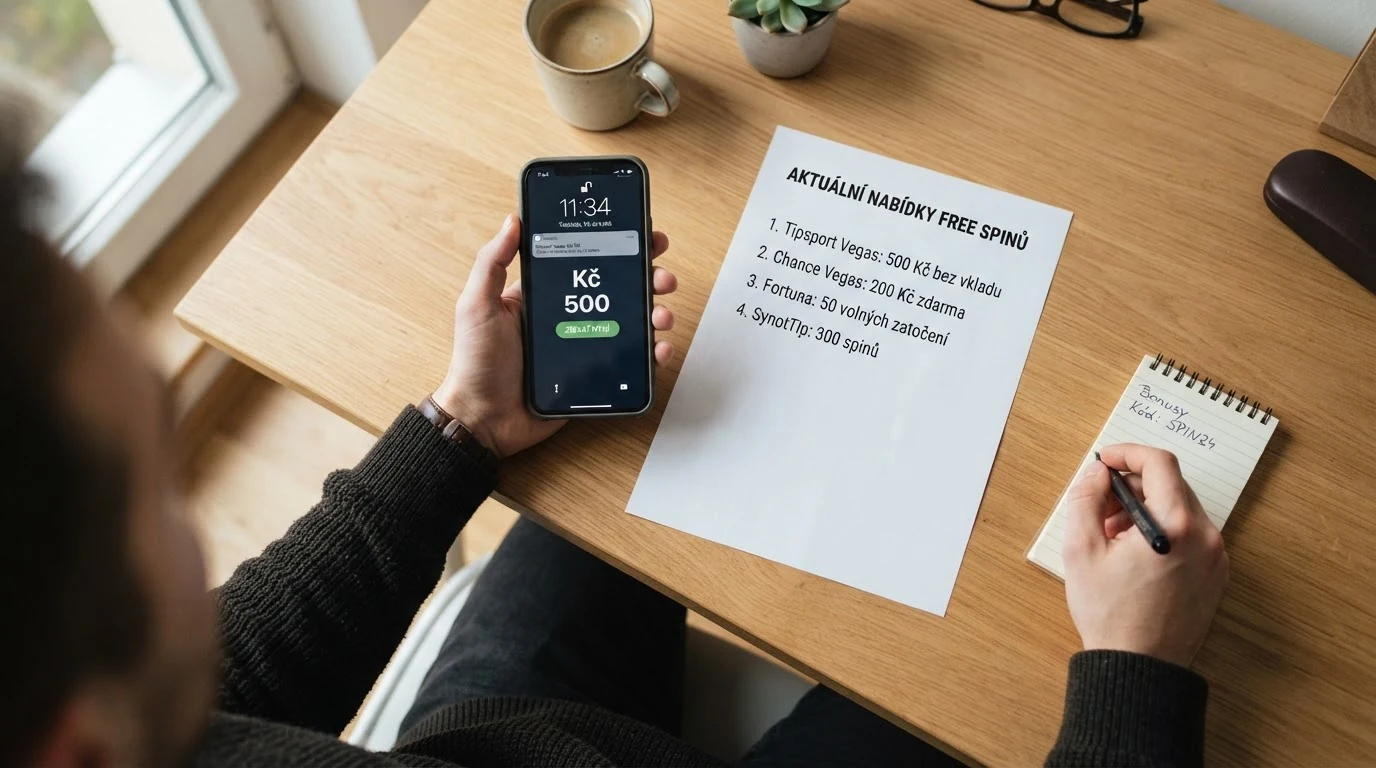 Zblízka vyfocená ruka s mobilem, na jehož displeji běží srovnávací tabulka registračních free-spinových nabídek, a vedle ležící česká občanka