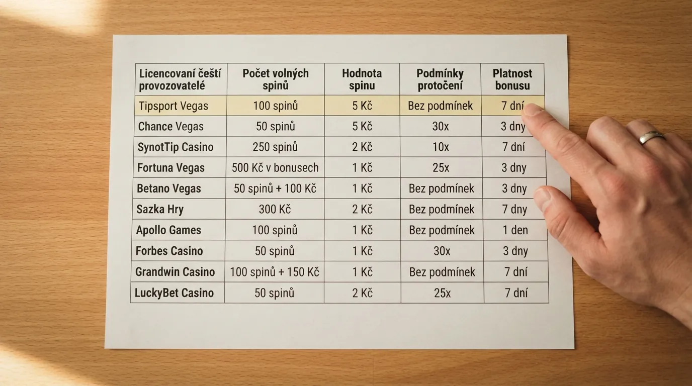 Srovnávací tabulka s logy operátorů, počtem volných zatočení a klíčovými podmínkami bonusů