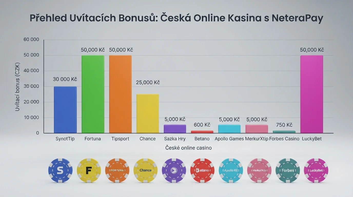 Srovnávací tabulka deseti českých kasin přijímajících NeteraPay s bonusy a údaji o licenci