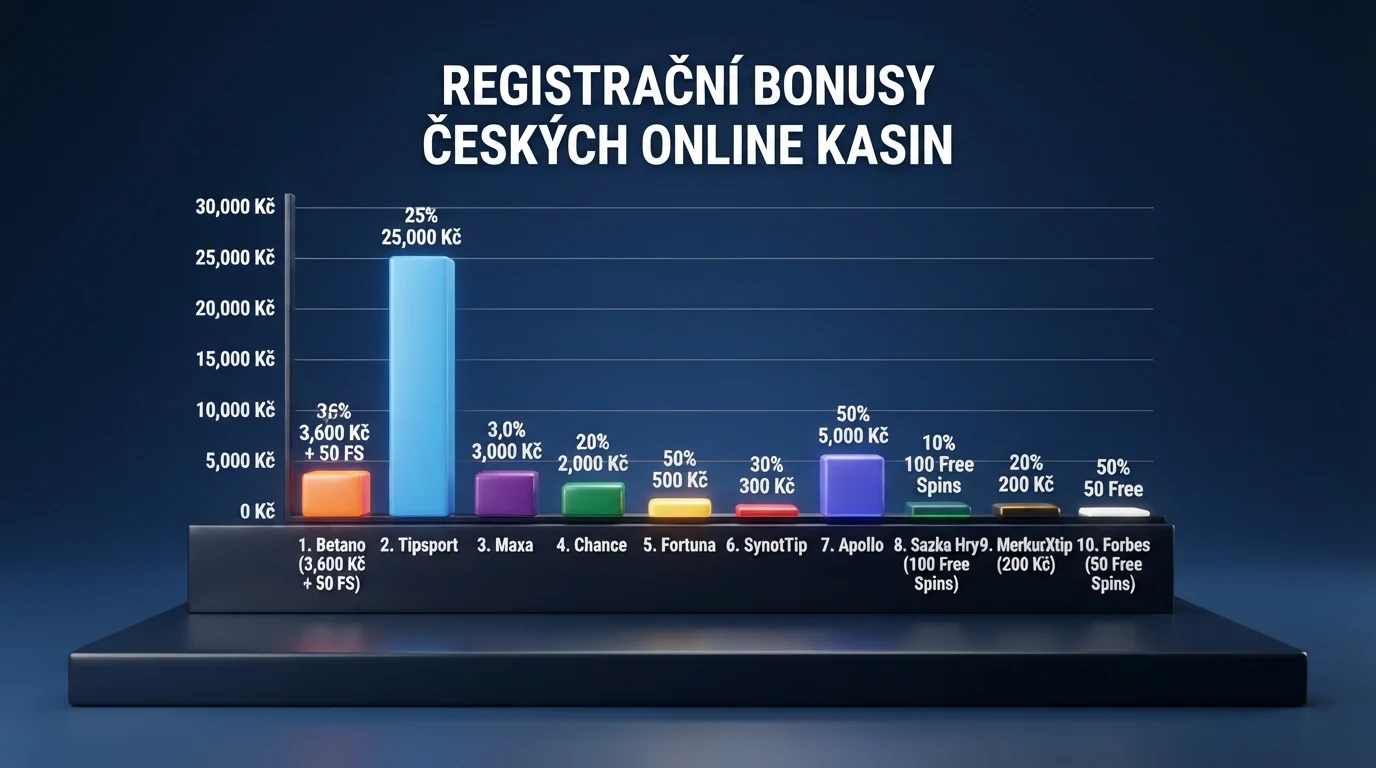 Srovnávací tabulka deseti českých online casin s logy operátorů, počtem free spinů a hodnotou registračního bonusu