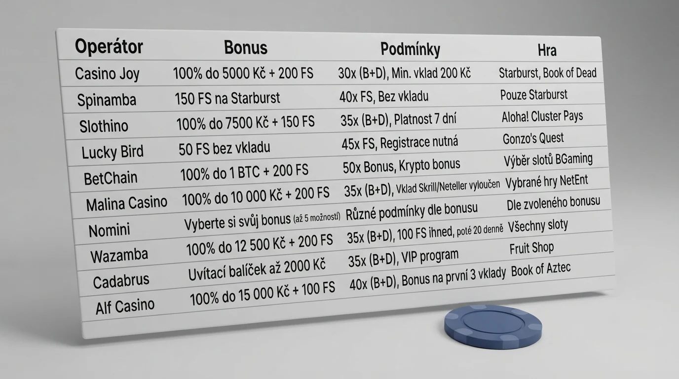 Srovnávací tabulka deseti prověřených operátorů s bonusem bez vkladu — sloupce operátor, bonus, protočení a automat