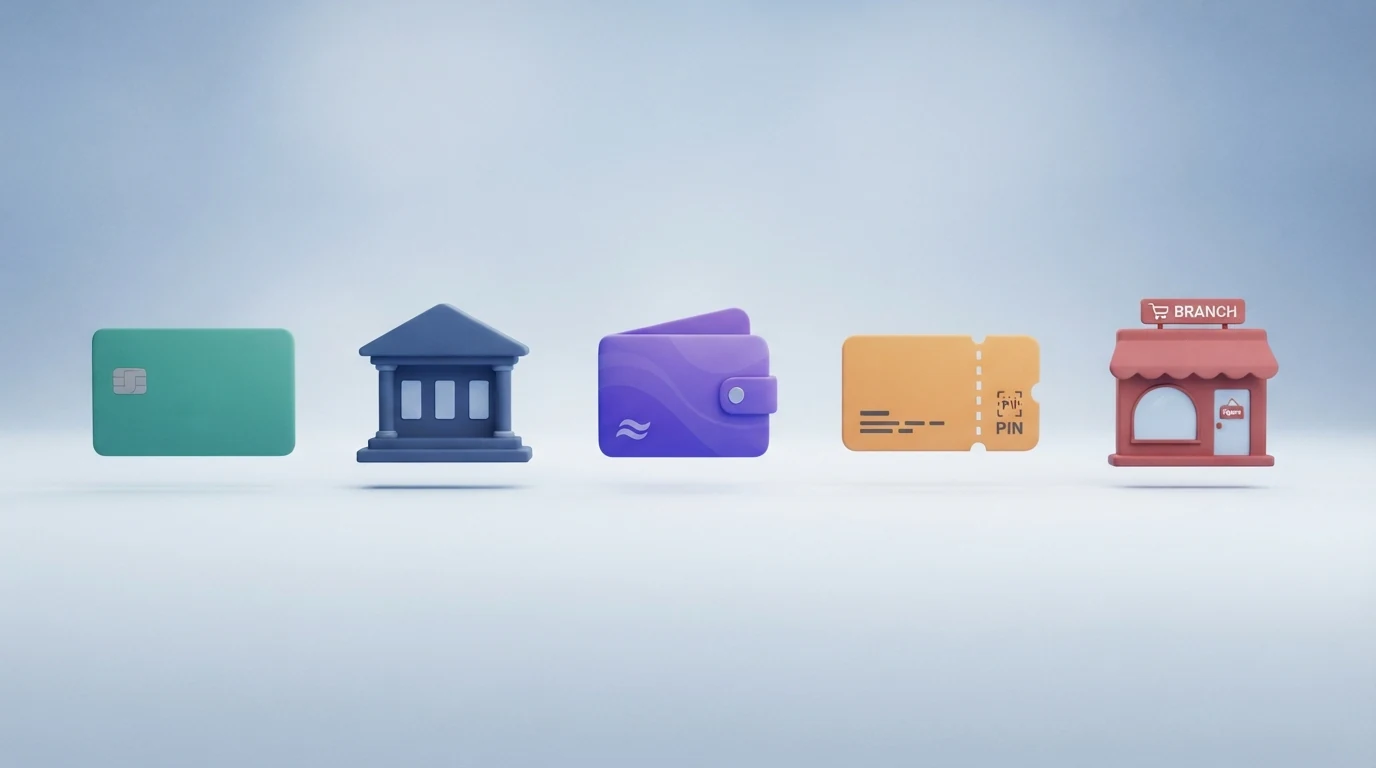 Přehledné zobrazení ikon nebo rozhraní platebních metod — bankovní převod, platební karta, Skrill, PayPal, NeteraPay