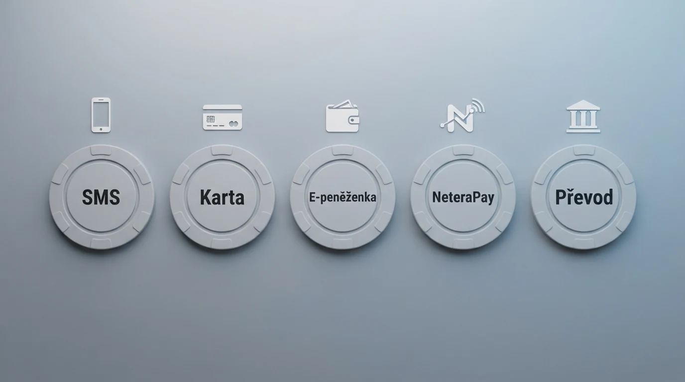Infografika srovnávající pět platebních metod (SMS, karta, e-peněženka, NeteraPay, bankovní převod) podle rychlosti, poplatků a limitů
