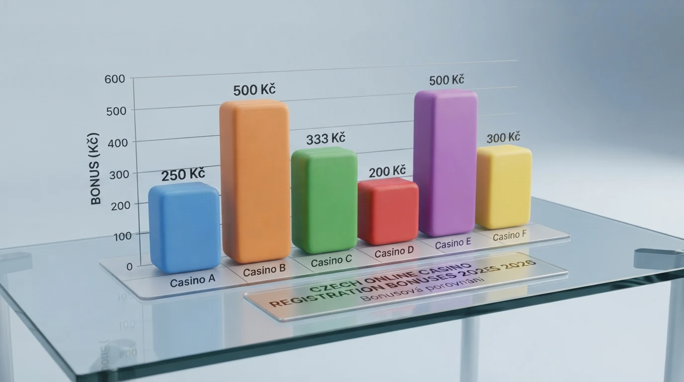 Přehledná tabulka s logy deseti českých online casin a jejich registračními bonusy v korunách.