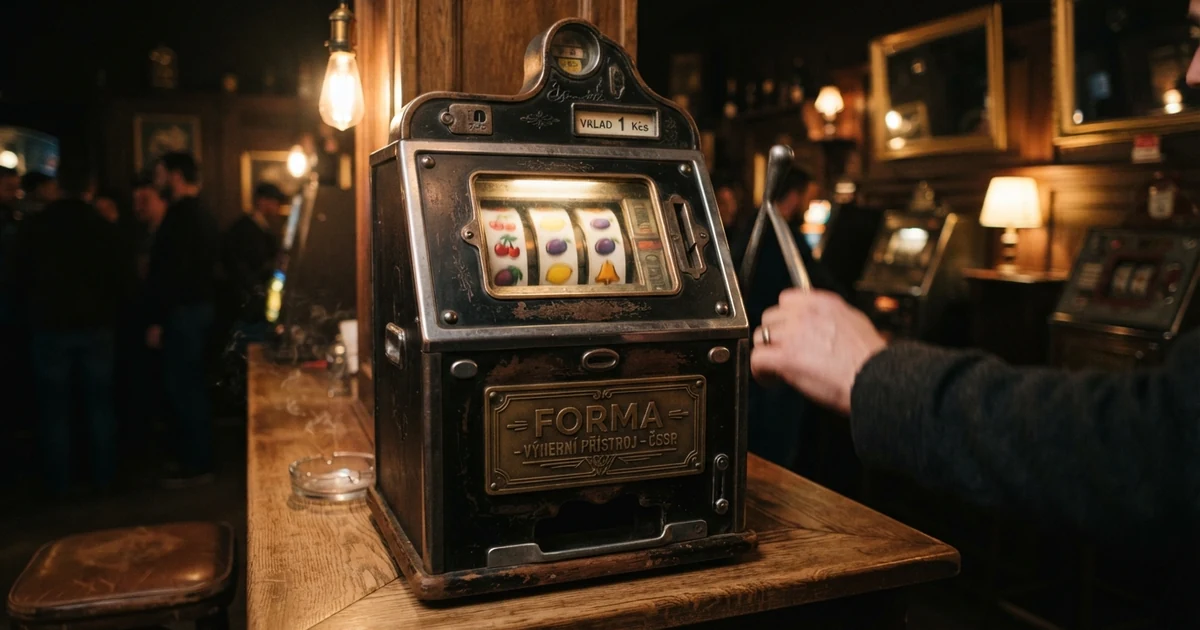 Mechanický výherní automat s pákou na pravé straně, třemi válci s ovocnými symboly a kovovou schránkou na mince