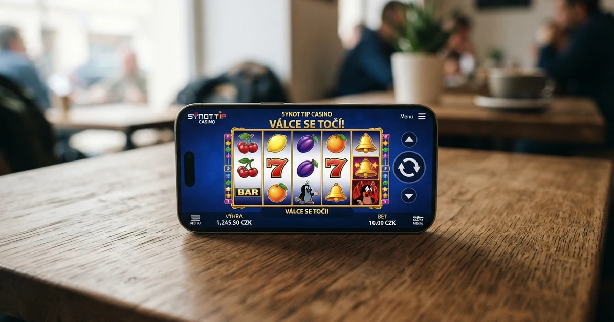 Telefon s otevřenou casino aplikací a hracími automaty na displeji