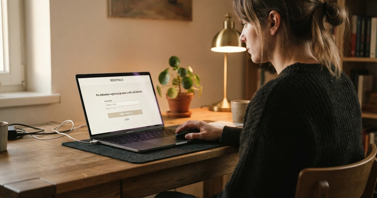 Hráč u obrazovky, na které je zobrazena registrační stránka online casina s viditelnou výzvou k ověření totožnosti