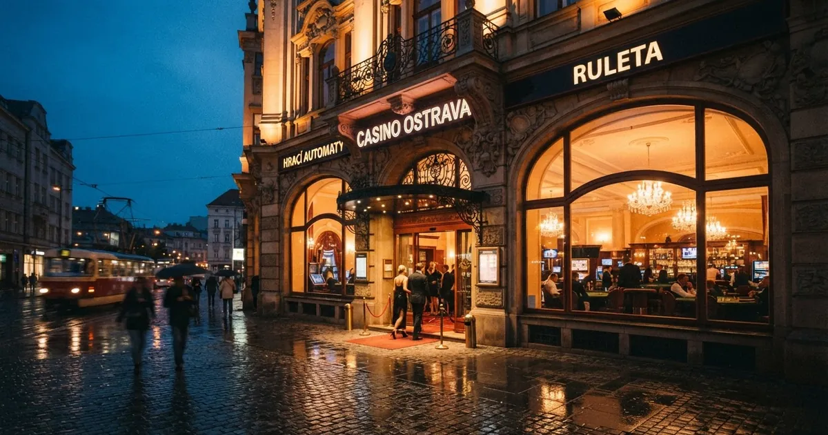 Exteriér kamenného kasina v centru Ostravy s vývěsním štítem a nočním osvětlením