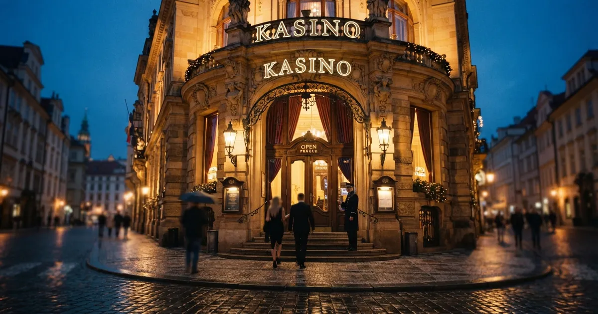 Nasvícený vstup do pražského kasina v centru města s viditelným označením „kasino“