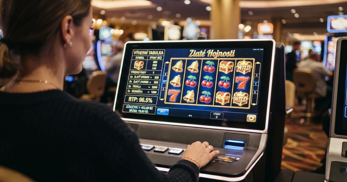 Barevné válce online automatu s vysokým RTP, na displeji viditelná informační tabulka s procentem návratnosti, v pozadí casino prostředí s českými licencemi