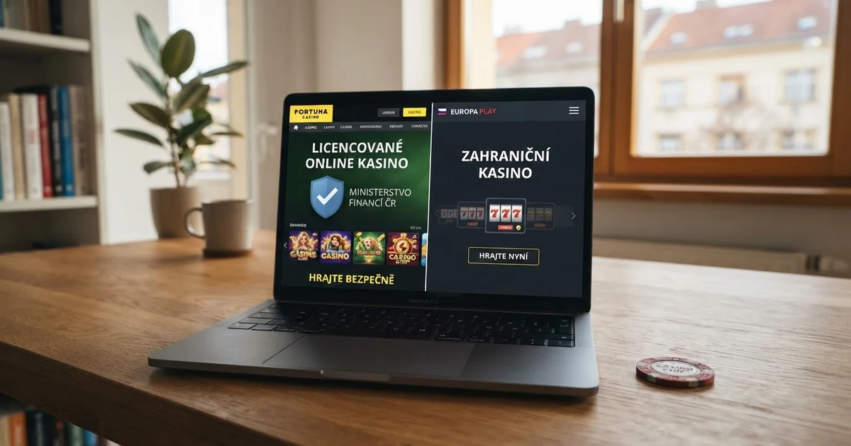 Online casino s českou licencí vedle nelicencovaného webu na obrazovce počítače