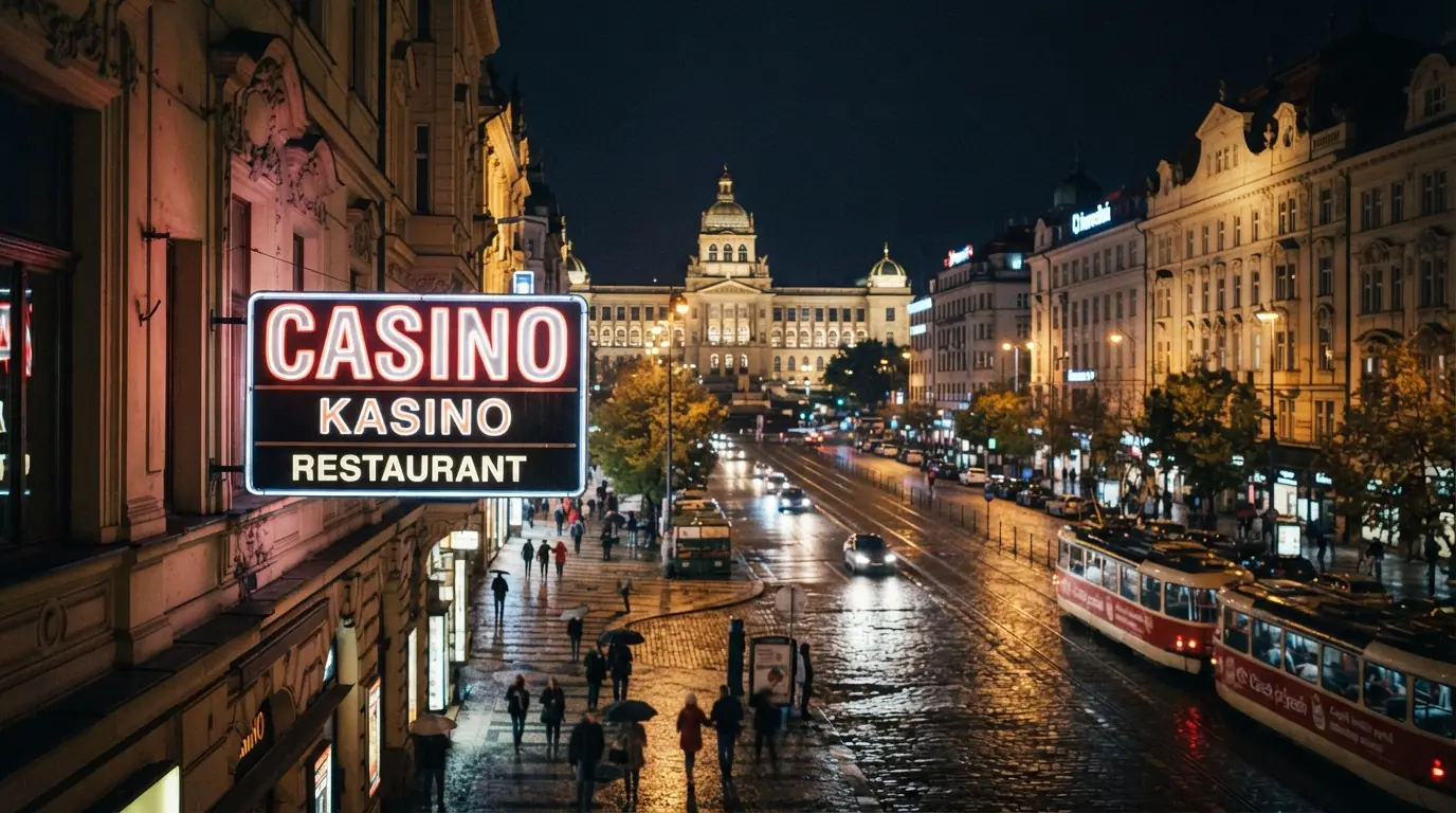 Václavské náměstí ve večerním osvětlení s výrazným poutačem kasina