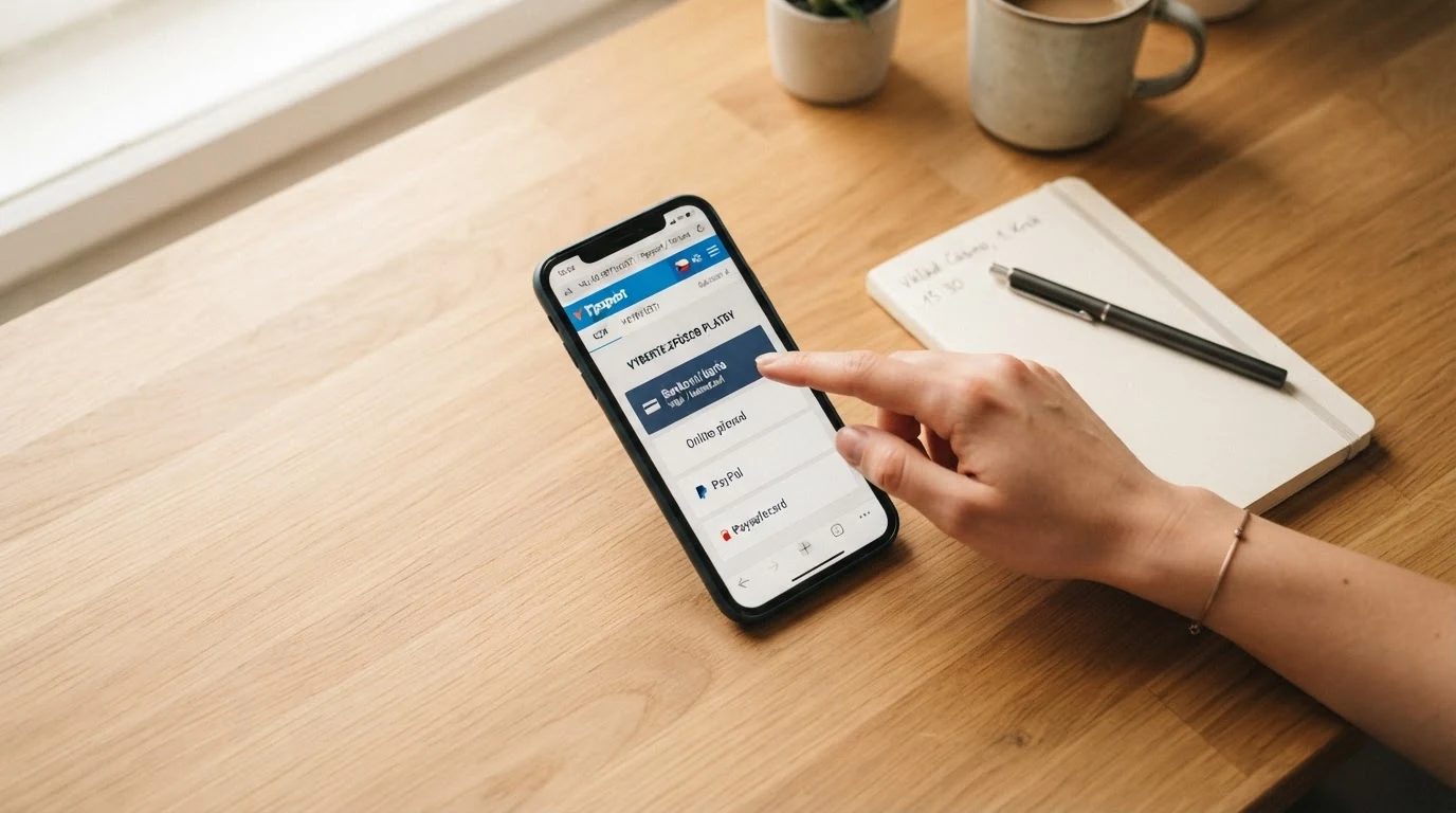 Mobilní telefon zobrazující platební bránu GoPay s výběrem metody platby (karta, bankovní převod, Apple Pay)