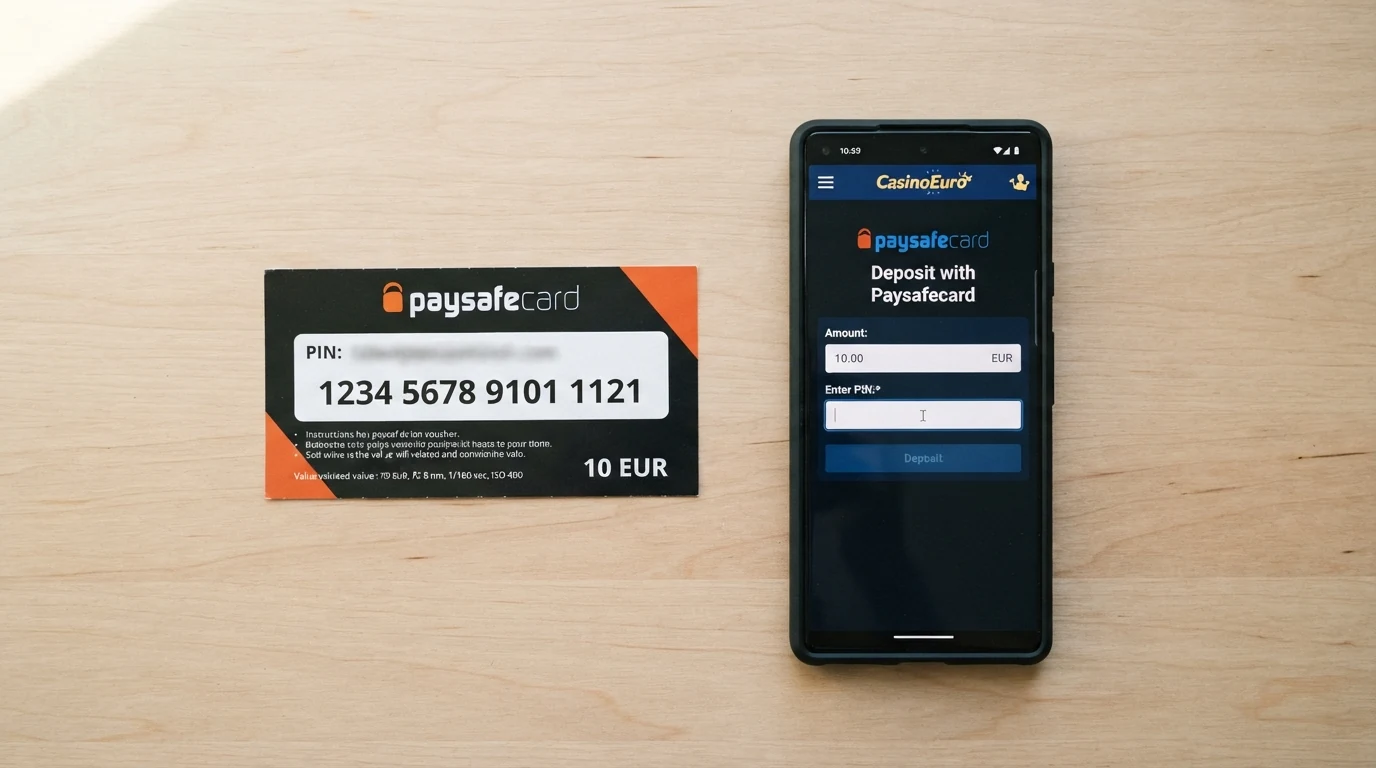Kupon Paysafecard s 16místným PIN kódem vedle pole pro vklad v online kasinu