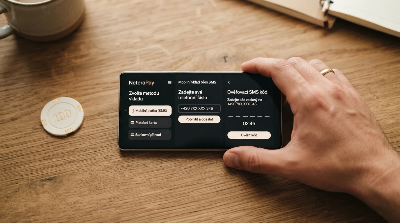 Displej telefonu zobrazující krok za krokem proces mobilní platby — výběr NeteraPay, zadání čísla a potvrzovací SMS kód