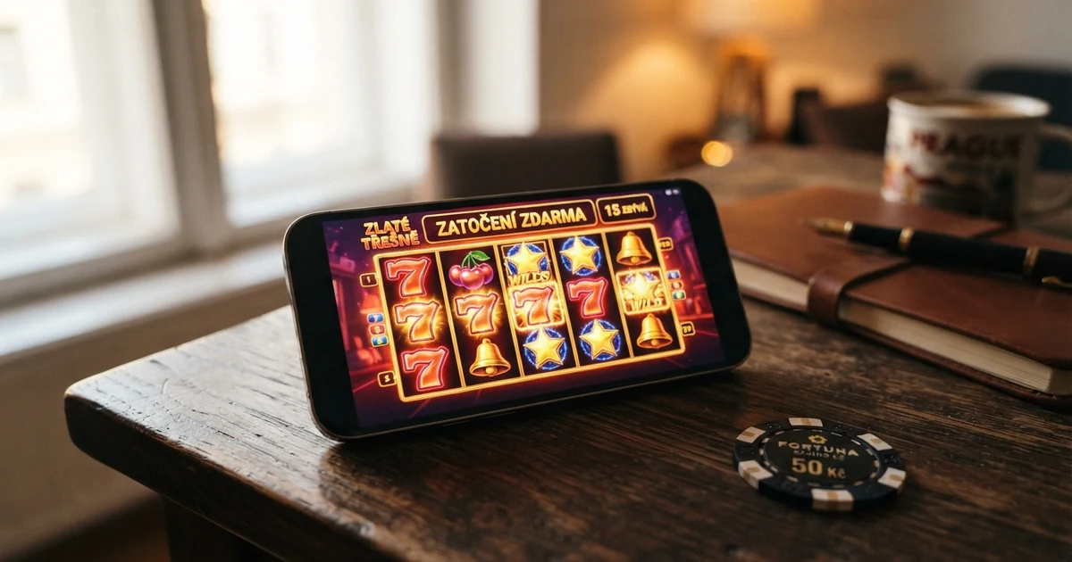 Hráč u online automatu na mobilním telefonu, na displeji svítí symboly volných zatočení a nápis „free spins“