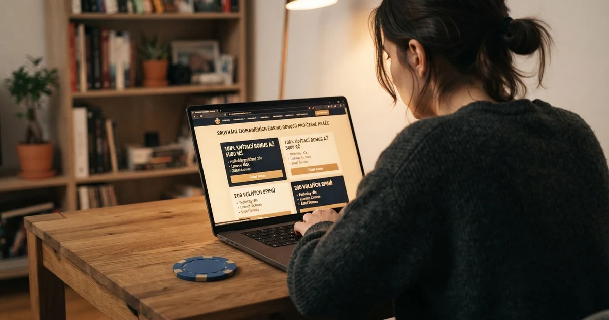 Hráč u notebooku si prohlíží nabídku registračních bonusů v online casinu, na obrazovce srovnání podmínek