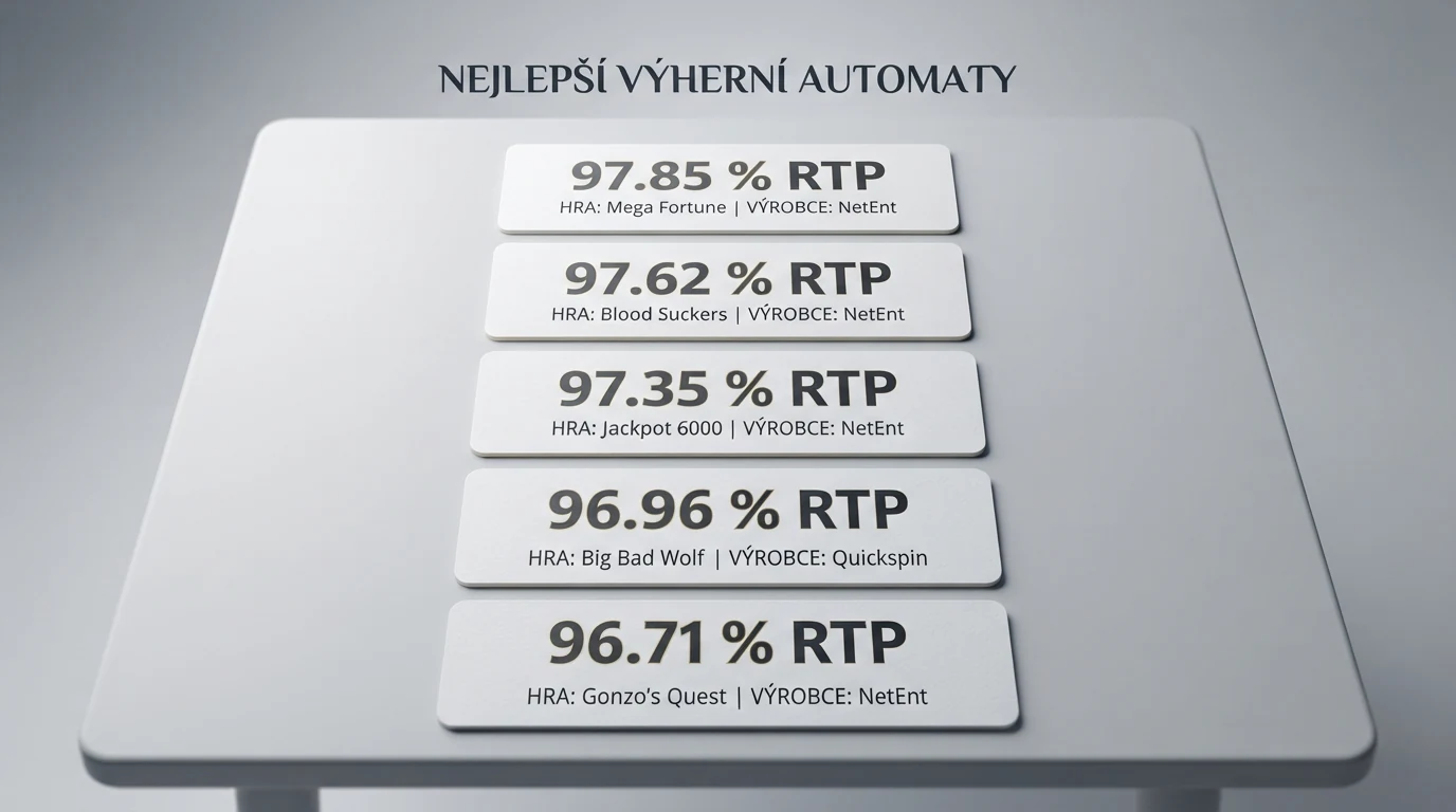 Tabulka s řádky automatů seřazených podle RTP od 99,07 % po 97,72 %, sloupce zobrazují název, výrobce, volatilitu a maximální výhru
