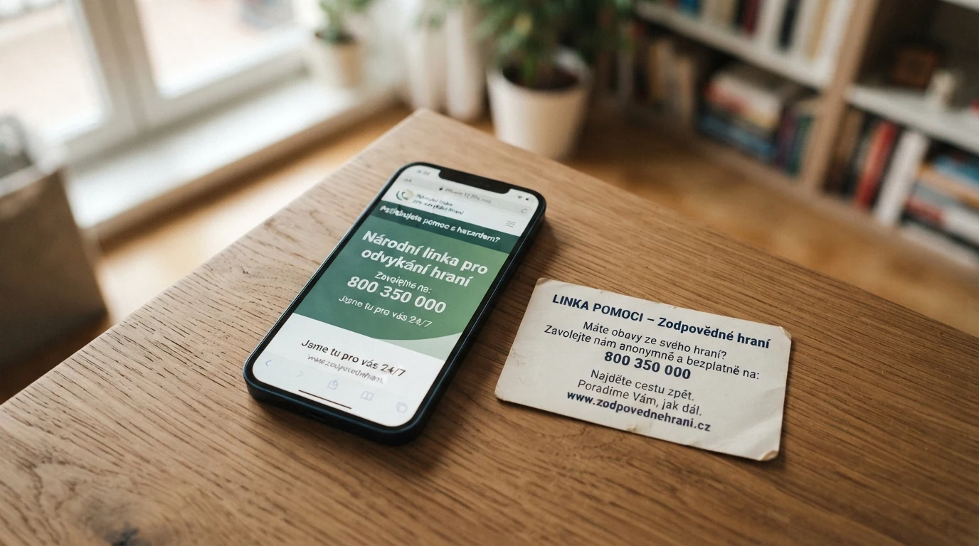 Telefon s otevřenou stránkou Národní linky pro odvykání hraní a vizitkou Linky pomoci
